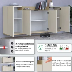 OTTO home Sideboard »BOLSENA, Kommode, Schrank,Lowboard mit 6 Fächer und offenes Ablagefach« 1 Stk. tlg. stehend/hängend montierbar, Made in Italy, B/T/H: 160 × 35 × 71,2 cm