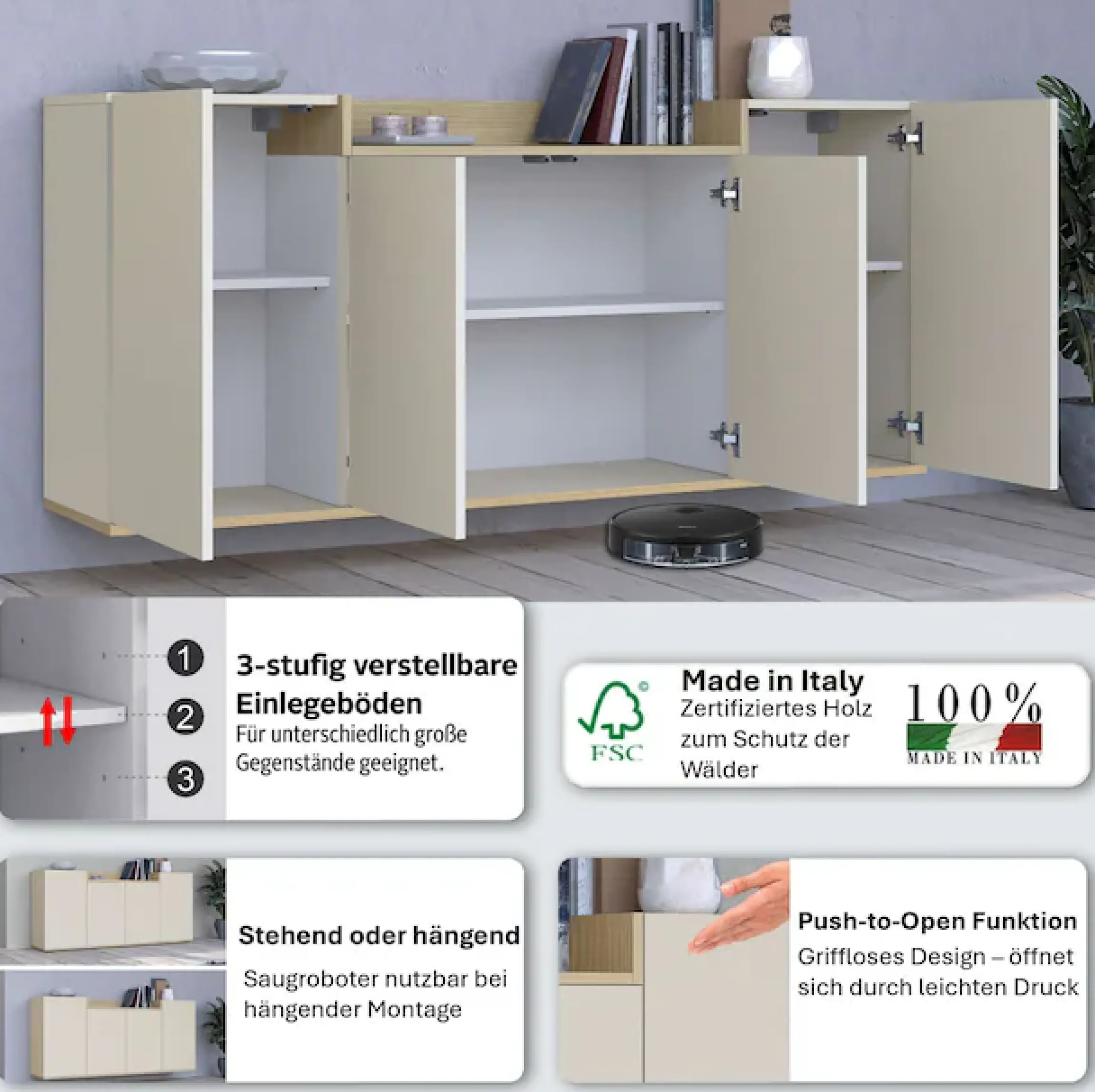 OTTO home Sideboard »BOLSENA, Kommode, Schrank,Lowboard mit 6 Fächer und offenes Ablagefach« 1 Stk. tlg. stehend/hängend montierbar, Made in Italy, B/T/H: 160 × 35 × 71,2 cm