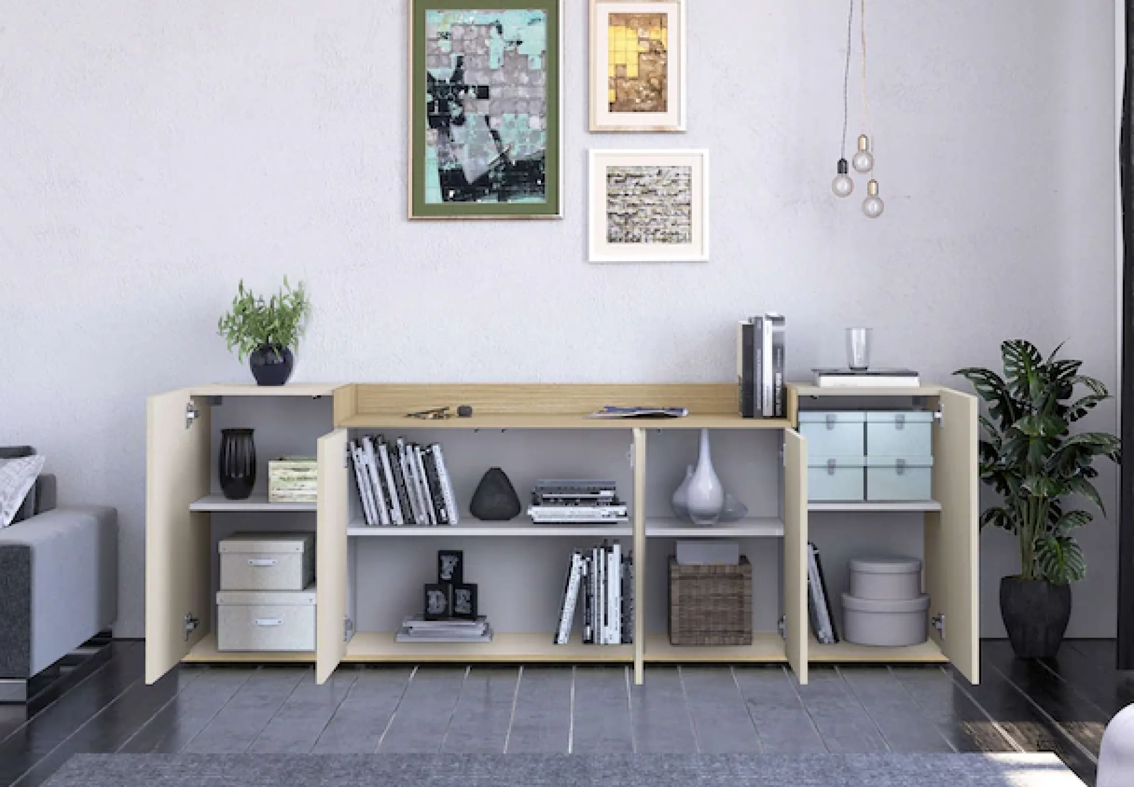 OTTO home Sideboard »BOLSENA, Kommode, Schrank,Lowboard mit 8 Fächer und offenes Ablagefach« 1 Stk. tlg. stehend/hängend montierbar, Made in Italy, B/T/H: 200 × 35 × 71,2 cm