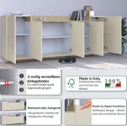 OTTO home Sideboard »BOLSENA, Kommode, Schrank,Lowboard mit 8 Fächer und offenes Ablagefach« 1 Stk. tlg. stehend/hängend montierbar, Made in Italy, B/T/H: 200 × 35 × 71,2 cm