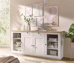 OTTO home Sideboard »Brest, Schrank im Landhausstil, Kommode, zeitloses Stauraumelement« schwarze Metallgriffe, ausreichend Stauraum, Glastüren, 204 cm breit