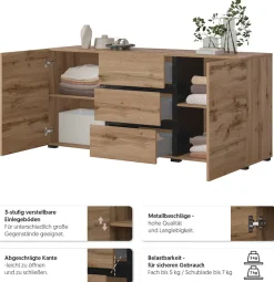 OTTO home Sideboard »Cross, Breite 150 cm, moderne grifflose Kommode, 2Türen/3 Schubkästen« Schubladenkommode mit viel Stauraum, Einlegeböden verstellbar