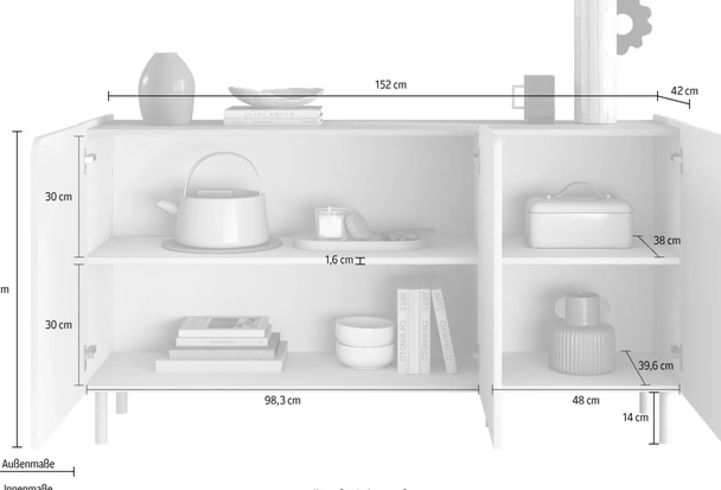 OTTO home Sideboard »Dobbiaco, 152 cm breit, 3 Türen, Anrichte, Kommode, Stauraumschrank« Innenliegendes Top, gerade Metallfüße, Tür mit Rundung