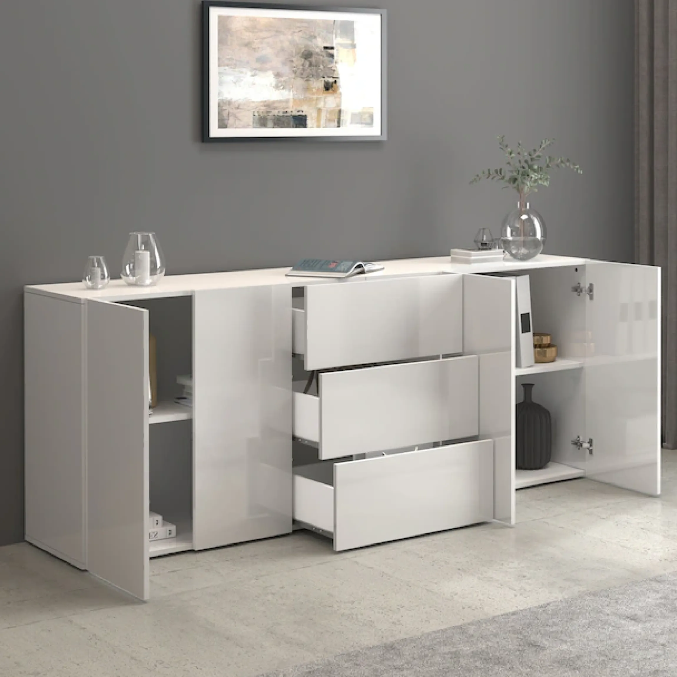 OTTO home Sideboard »Egypt, Kommode, Schrank, grifflos« 4 Türen, 3 Schubkästen mit Push-To-Open,komplett Hochglanz Breite 200