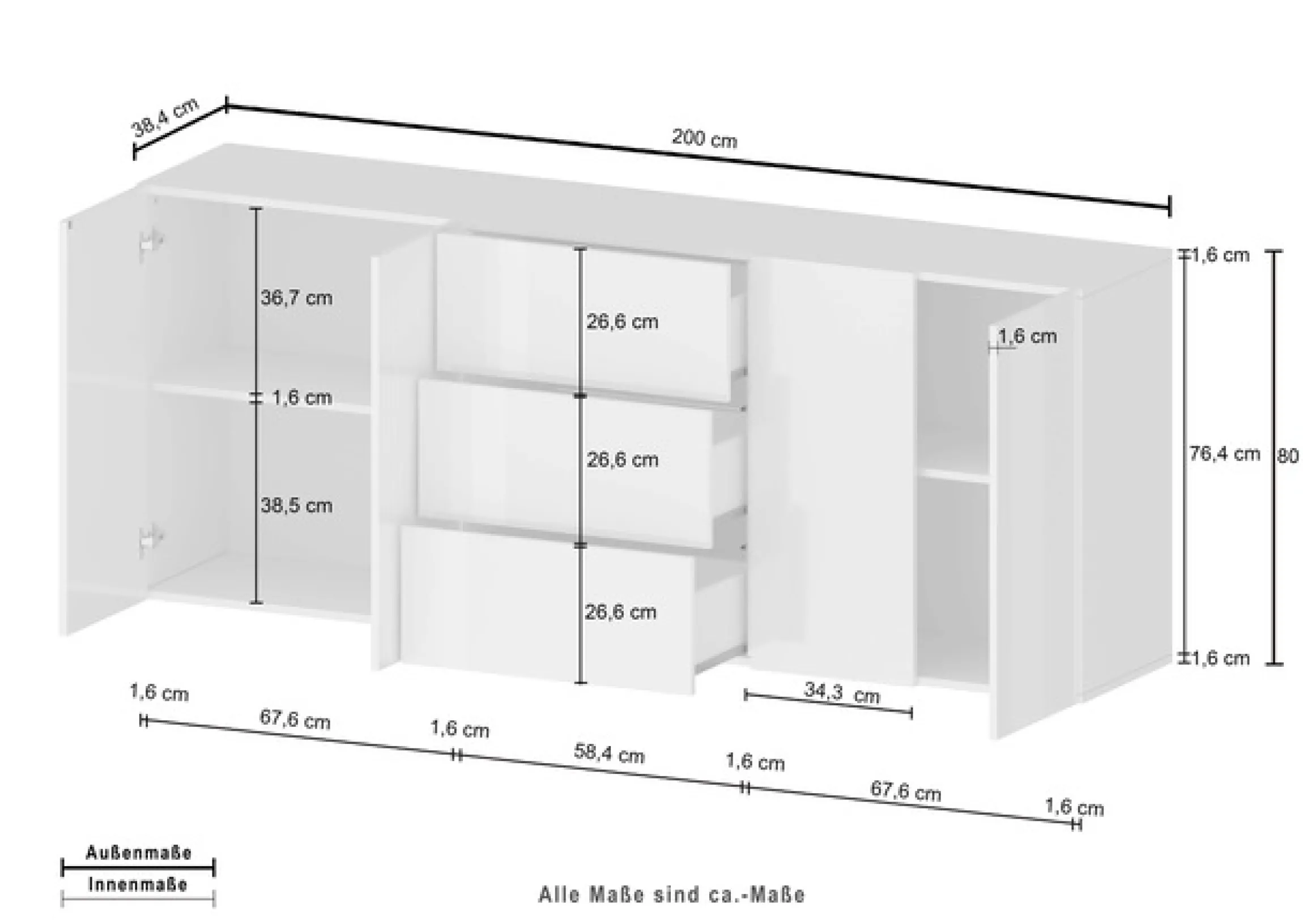 OTTO home Sideboard »Egypt, Kommode, Schrank, grifflos« 4 Türen, 3 Schubkästen mit Push-To-Open,komplett Hochglanz Breite 200