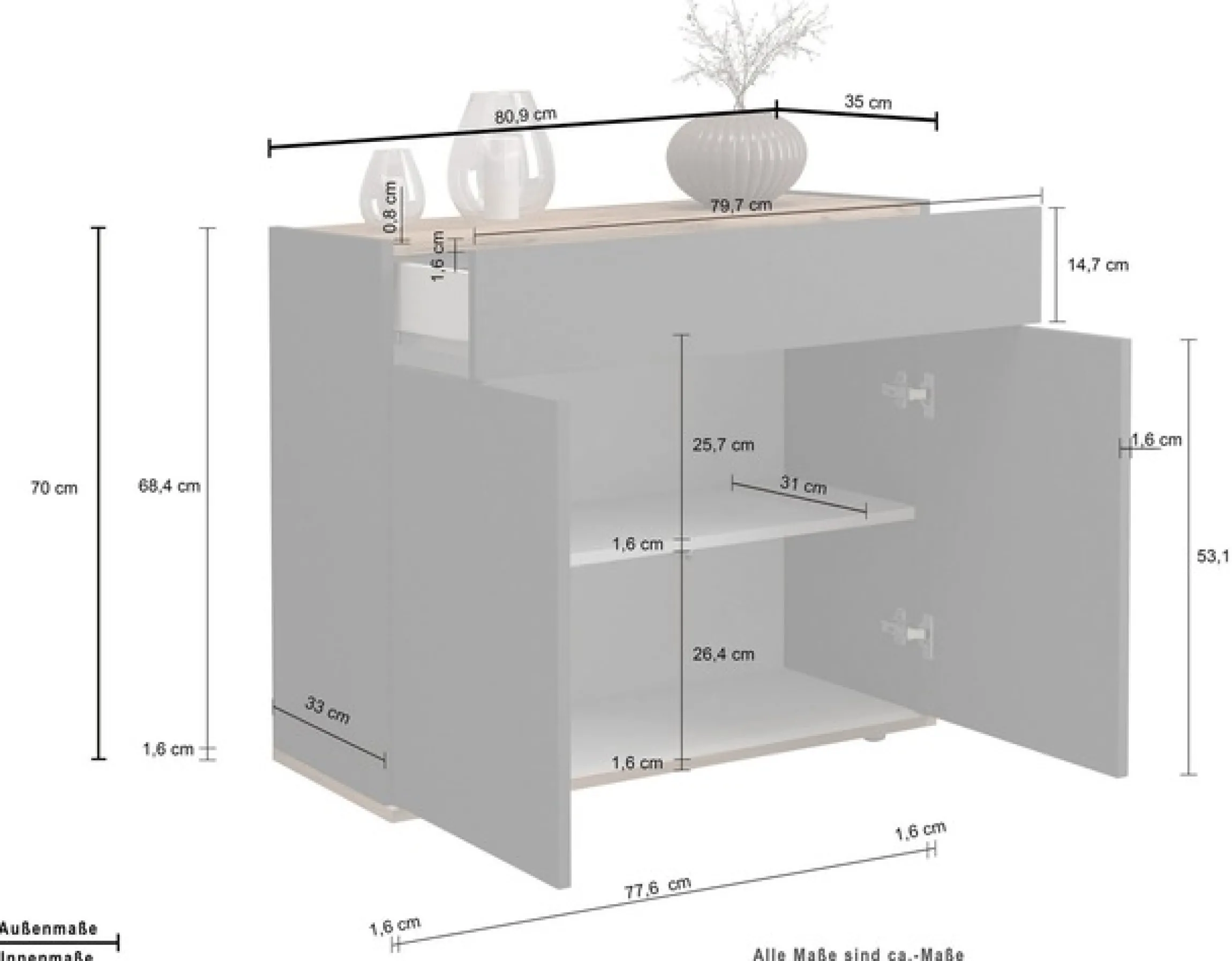 OTTO home Sideboard »Garda, Kommode, Schrank, 2 Türen, 1 Schublade, Made in Italy« Hochglanzlackierte Fronten, Korpus matt, grifflos, Breite 80,9 cm