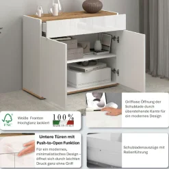 OTTO home Sideboard »Garda, Kommode, Schrank, 2 Türen, 1 Schublade, Made in Italy« Hochglanzlackierte Fronten, Korpus matt, grifflos, Breite 80,9 cm