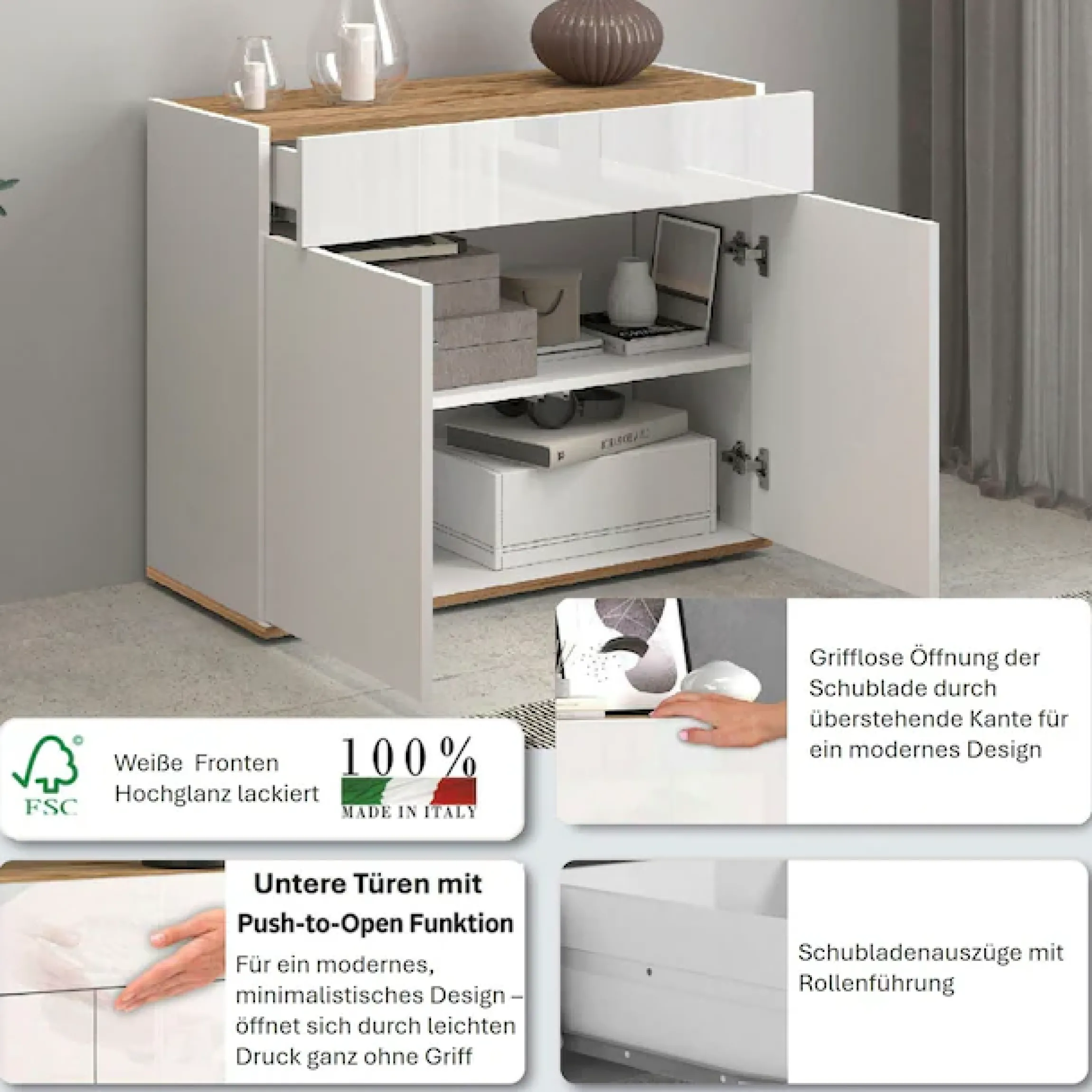 OTTO home Sideboard »Garda, Kommode, Schrank, 2 Türen, 1 Schublade, Made in Italy« Hochglanzlackierte Fronten, Korpus matt, grifflos, Breite 80,9 cm