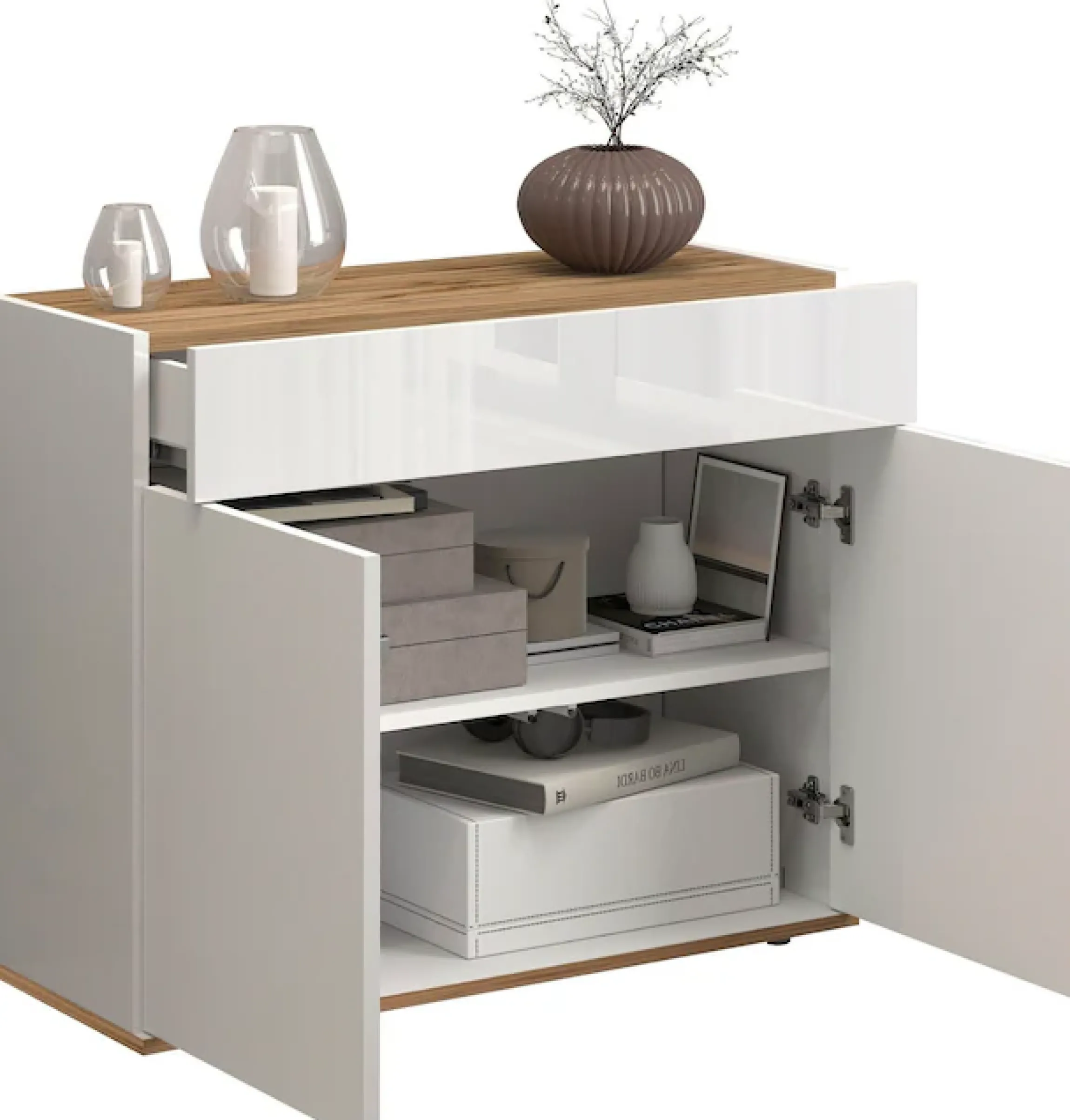 OTTO home Sideboard »Garda, Kommode, Schrank, 2 Türen, 1 Schublade, Made in Italy« Hochglanzlackierte Fronten, Korpus matt, grifflos, Breite 80,9 cm