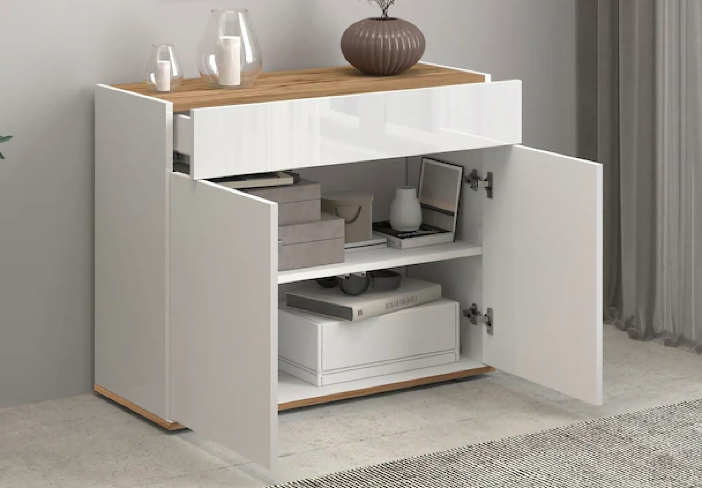 OTTO home Sideboard »Garda, Kommode, Schrank, 2 Türen, 1 Schublade, Made in Italy« Hochglanzlackierte Fronten, Korpus matt, grifflos, Breite 80,9 cm
