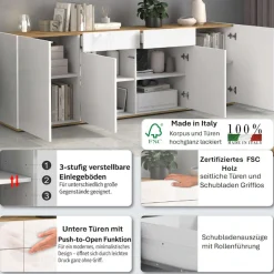 OTTO home Sideboard »GARDA, Kommode, Schrank, untere Türen mit Push-to-Open, Made in Italy« 1 Stk. tlg. Hochglanzlackierte Fronten, 4 Türen, 2 Schubladen, grifflos, B 200 cm