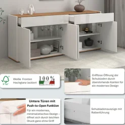 OTTO home Sideboard »Garda Kommode, Schrank, 4 Türen mit Push-to-Open, Made in Italy« Hochglanzlackierte Fronten,2 Schubladen, grifflos Breite 160,1 cm