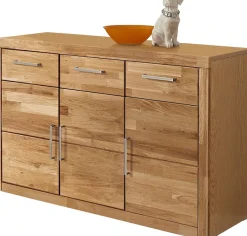 OTTO home Sideboard »Logo,130cm breit,42 cm tief, Fronten Massivholz,2 breite Fächer« Holz massiv, Holzwerkstoff, Metall Griffe,3Türen,3Schubladen