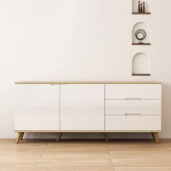 OTTO home Sideboard »Lund« mit glänzenden Fronten, Griffmulden, helles Holzdekor, Breite 180 cm