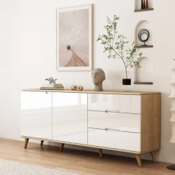 OTTO home Sideboard »Lund« mit glänzenden Fronten, Griffmulden, helles Holzdekor, Breite 180 cm