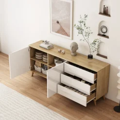 OTTO home Sideboard »Lund« mit glänzenden Fronten, Griffmulden, helles Holzdekor, Breite 180 cm