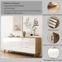 OTTO home Sideboard »Lund« mit glänzenden Fronten, Griffmulden, helles Holzdekor, Breite 180 cm