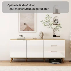 OTTO home Sideboard »Lund« mit glänzenden Fronten, Griffmulden, helles Holzdekor, Breite 180 cm
