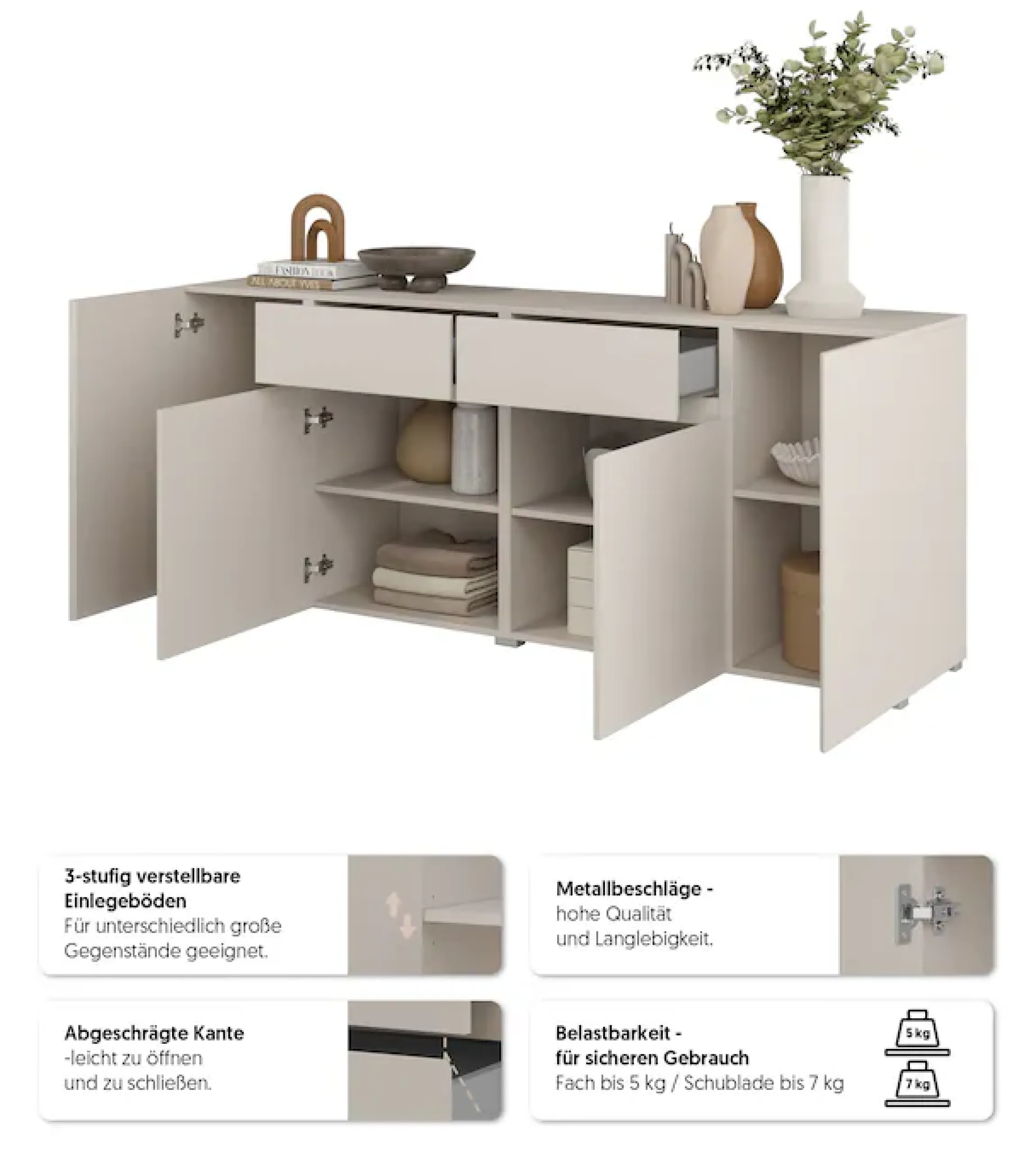 OTTO home Sideboard »Metric,Breite 195 cm, grifflose Kommode 4 Türen/2 Schubkästen« Schubladenschrank mit viel Stauraum, Einlegeböden verstellbar