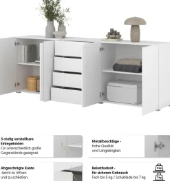 OTTO home Sideboard »Metric,Breite 222 cm, grifflose Kommode 4 Türen/4 Schubkästen« Schubladenschrank mit viel Stauraum, Einlegeböden verstellbar