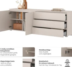 OTTO home Sideboard »Modo, Breite 200 cm, moderne grifflose Kommode 2Türen/3 SK« Schubladenkommode mit viel Stauraum, Einlegeböden verstellbar