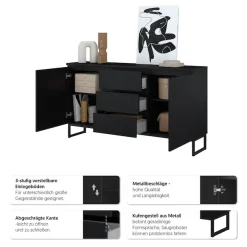 OTTO home Sideboard »Modo II, Breite 150 cm, moderne grifflose Kommode 2Türen/3 SK« Schubladenkommode viel Stauraum, Einlegeböden verstellbar, Metallkufen