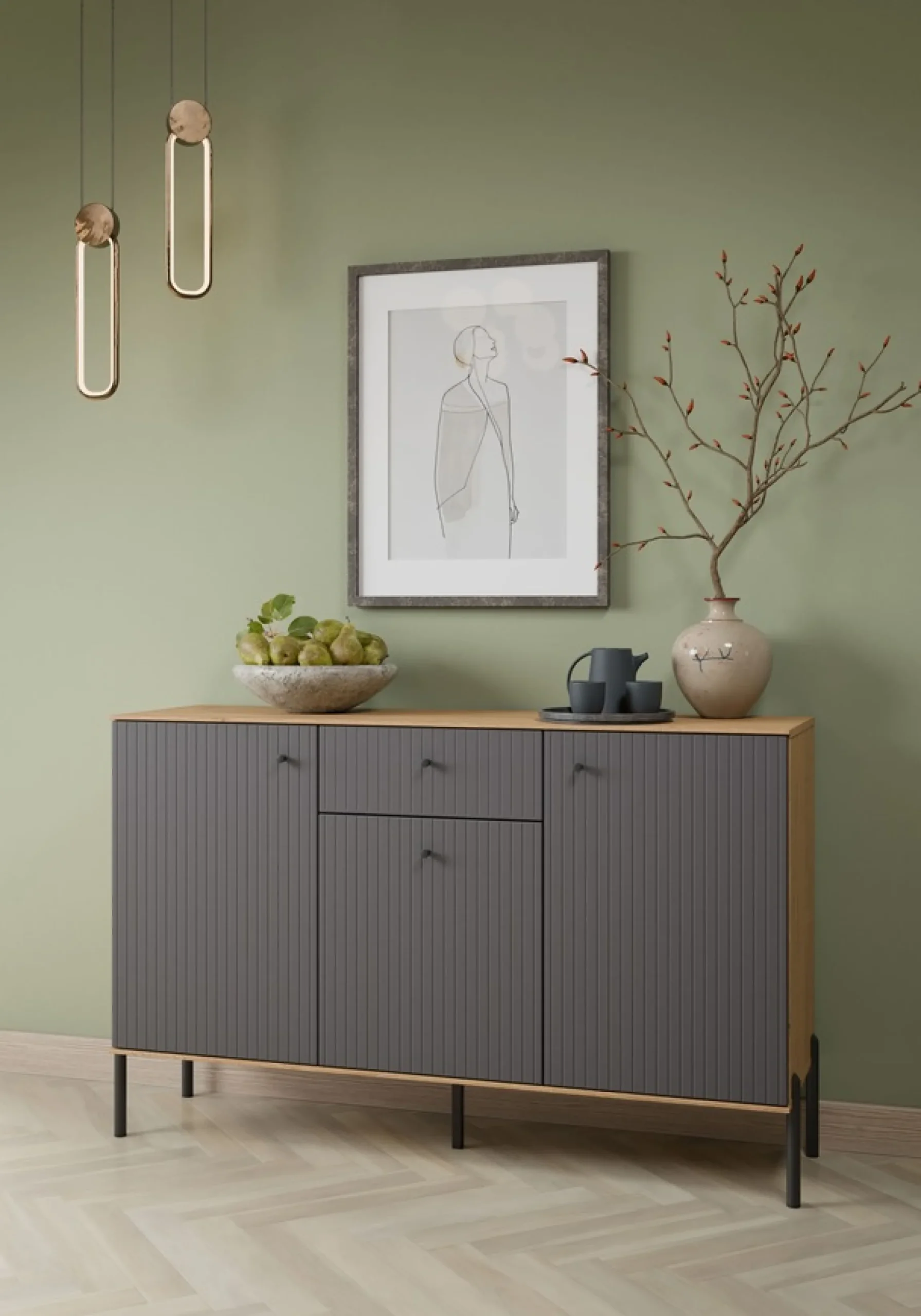 OTTO home Sideboard »Nursia« Sideboard, Breite 136 cm, mit geriffelten Fronten, auf Metallfüßen