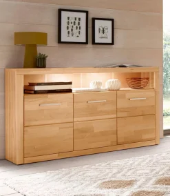 OTTO home Sideboard »Ribe,130cm breit, Fronten Massivholz,7 Fächer« Holz massiv, Holzwerkstoff, Metall Griffe,3 Türen