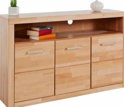 OTTO home Sideboard »Ribe,130cm breit, Fronten Massivholz,7 Fächer« Holz massiv, Holzwerkstoff, Metall Griffe,3 Türen