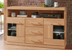 OTTO home Sideboard »Ribe,125cm breit, Fronten Massivholz,5 Fächer,Böden versetzbar« Korpus Holzwerkstoff,Türen mit Glaseinsatz,3 Schubladen,Metallgriffe
