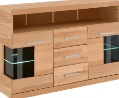 OTTO home Sideboard »Ribe,125cm breit, Fronten Massivholz,5 Fächer,Böden versetzbar« Korpus Holzwerkstoff,Türen mit Glaseinsatz,3 Schubladen,Metallgriffe