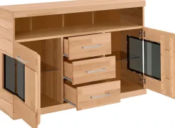 OTTO home Sideboard »Ribe,125cm breit, Fronten Massivholz,5 Fächer,Böden versetzbar« Korpus Holzwerkstoff,Türen mit Glaseinsatz,3 Schubladen,Metallgriffe