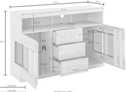 OTTO home Sideboard »Ribe,125cm breit, Fronten Massivholz,5 Fächer,Böden versetzbar« Korpus Holzwerkstoff,Türen mit Glaseinsatz,3 Schubladen,Metallgriffe