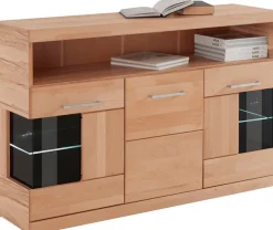 OTTO home Sideboard »Ribe,130cm breit,Fronten Massivholz,2Türen mit gehärtetem Glaseinsatz« Korpus aus Holzwerkstoff, Metall Griffe,7 Fächer, Böden versetzbar