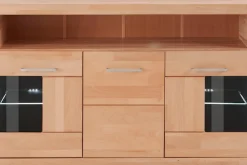 OTTO home Sideboard »Ribe,130cm breit,Fronten Massivholz,2Türen mit gehärtetem Glaseinsatz« Korpus aus Holzwerkstoff, Metall Griffe,7 Fächer, Böden versetzbar