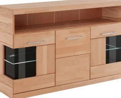 OTTO home Sideboard »Ribe,130cm breit,Fronten Massivholz,2Türen mit gehärtetem Glaseinsatz« Korpus aus Holzwerkstoff, Metall Griffe,7 Fächer, Böden versetzbar