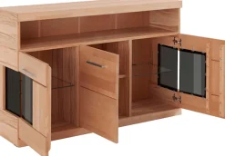OTTO home Sideboard »Ribe,130cm breit,Fronten Massivholz,2Türen mit gehärtetem Glaseinsatz« Korpus aus Holzwerkstoff, Metall Griffe,7 Fächer, Böden versetzbar