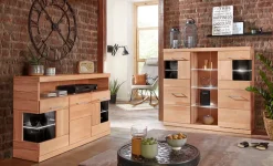 OTTO home Sideboard »Ribe,130cm breit,Fronten Massivholz,2Türen mit gehärtetem Glaseinsatz« Korpus aus Holzwerkstoff, Metall Griffe,7 Fächer, Böden versetzbar