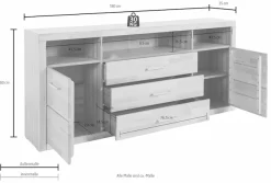 OTTO home Sideboard »Ribe,180cm breit, Fronten Massivholz,7 Fächer« Holz massiv, Holzwerkstoff, Metall Griffe,2Türen,3Schubladen