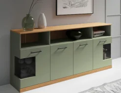OTTO home Sideboard »Ribe,180cm breit,80cm hoch, 9 Fächer« Oberplatte Eiche massiv,schwarze Metall Griffe,2 Türen mit Glaseinsatz