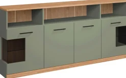 OTTO home Sideboard »Ribe,180cm breit,80cm hoch, 9 Fächer« Oberplatte Eiche massiv,schwarze Metall Griffe,2 Türen mit Glaseinsatz