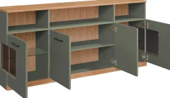 OTTO home Sideboard »Ribe,180cm breit,80cm hoch, 9 Fächer« Oberplatte Eiche massiv,schwarze Metall Griffe,2 Türen mit Glaseinsatz