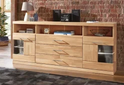 OTTO home Sideboard »Ribe,180cm breit, Fronten Massivholz,7 Fächer,Böden versetzbar« Korpus Holzwerkstoff,Türen mit Glaseinsatz,3 breite Schubladen