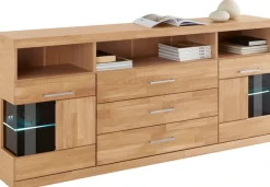 OTTO home Sideboard »Ribe,180cm breit, Fronten Massivholz,7 Fächer,Böden versetzbar« Korpus Holzwerkstoff,Türen mit Glaseinsatz,3 breite Schubladen