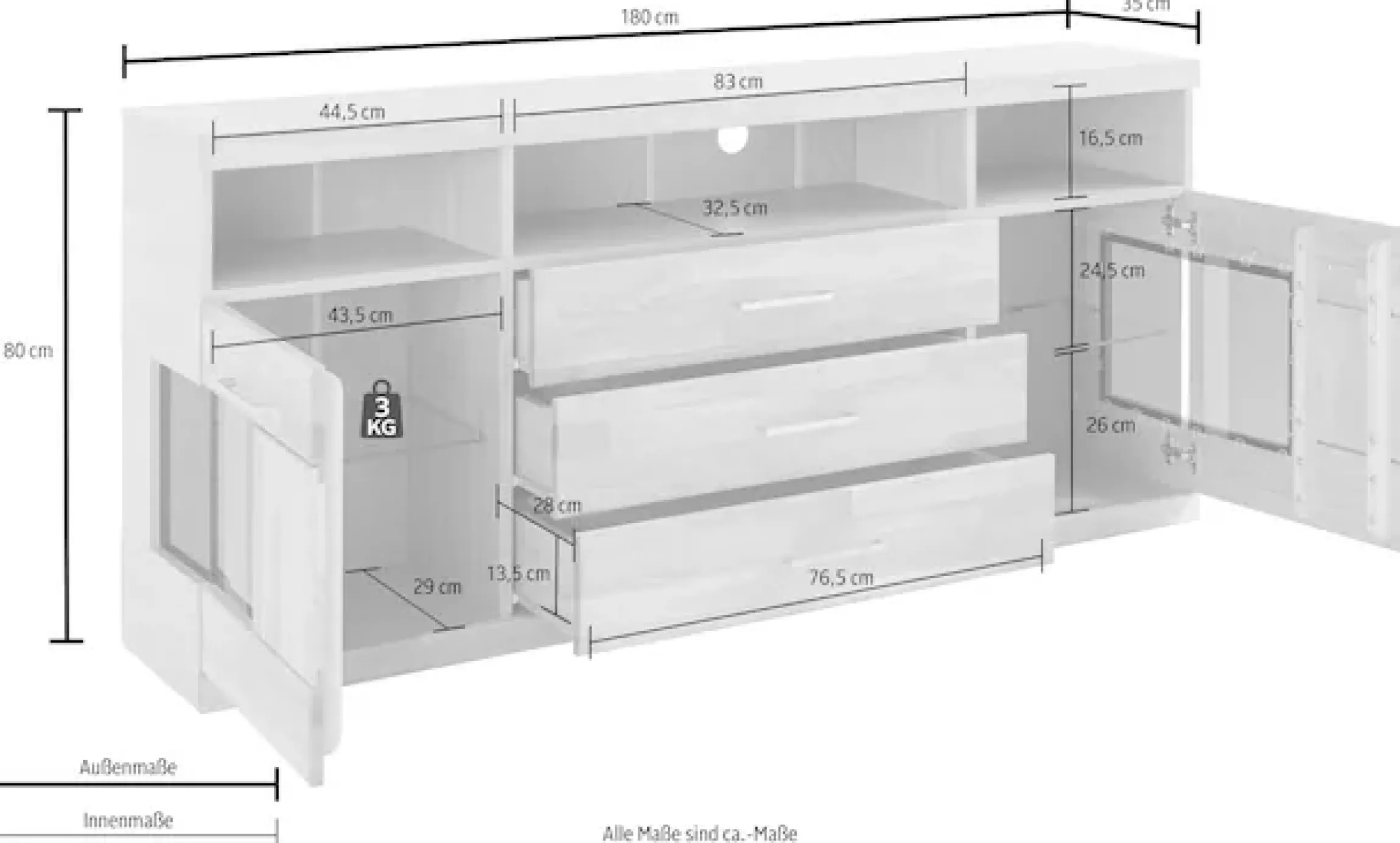 OTTO home Sideboard »Ribe,180cm breit, Fronten Massivholz,7 Fächer,Böden versetzbar« Korpus Holzwerkstoff,Türen mit Glaseinsatz,3 breite Schubladen