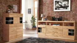 OTTO home Sideboard »Ribe,180cm breit, Fronten Massivholz,7 Fächer,Böden versetzbar« Korpus Holzwerkstoff,Türen mit Glaseinsatz,3 breite Schubladen