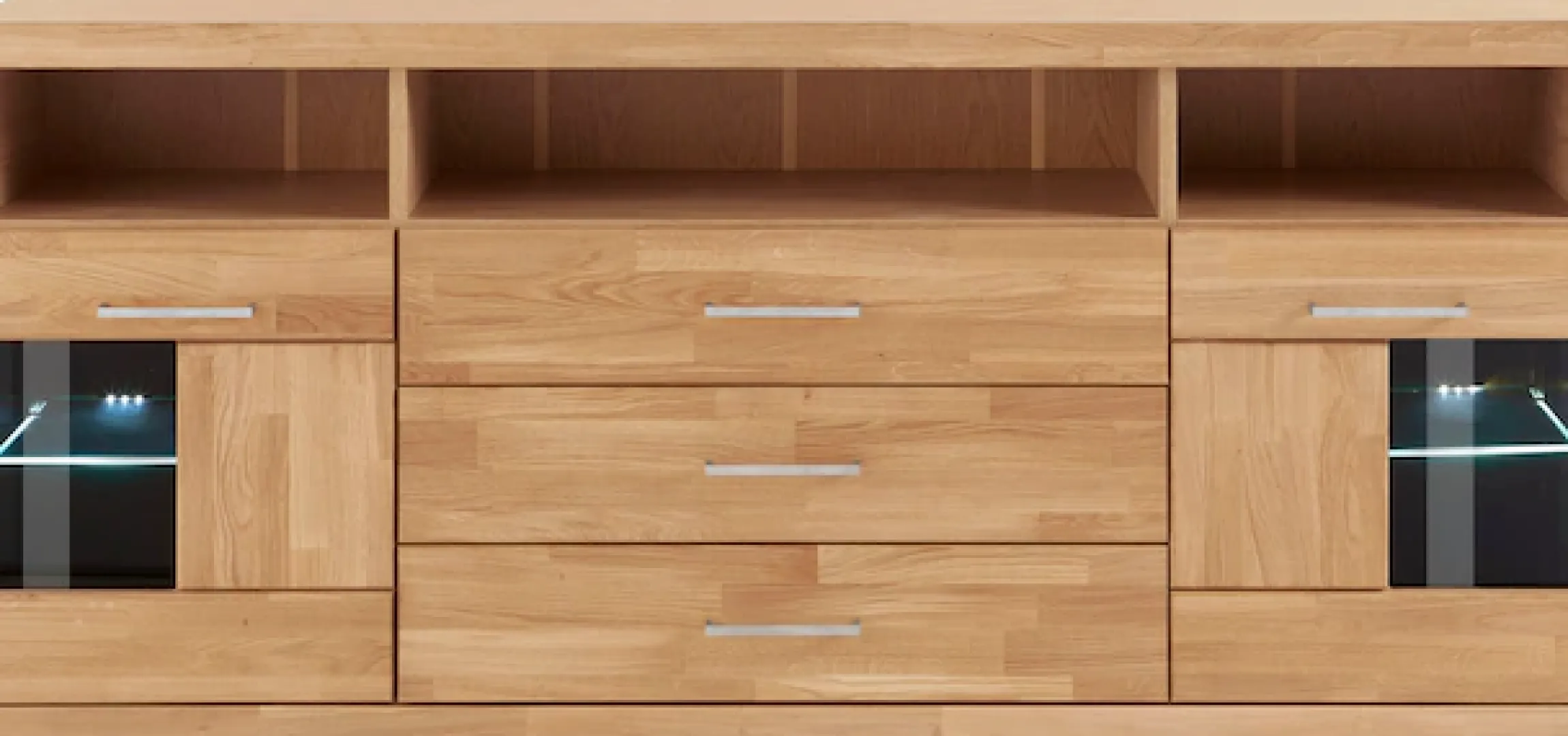 OTTO home Sideboard »Ribe,180cm breit, Fronten Massivholz,7 Fächer,Böden versetzbar« Korpus Holzwerkstoff,Türen mit Glaseinsatz,3 breite Schubladen