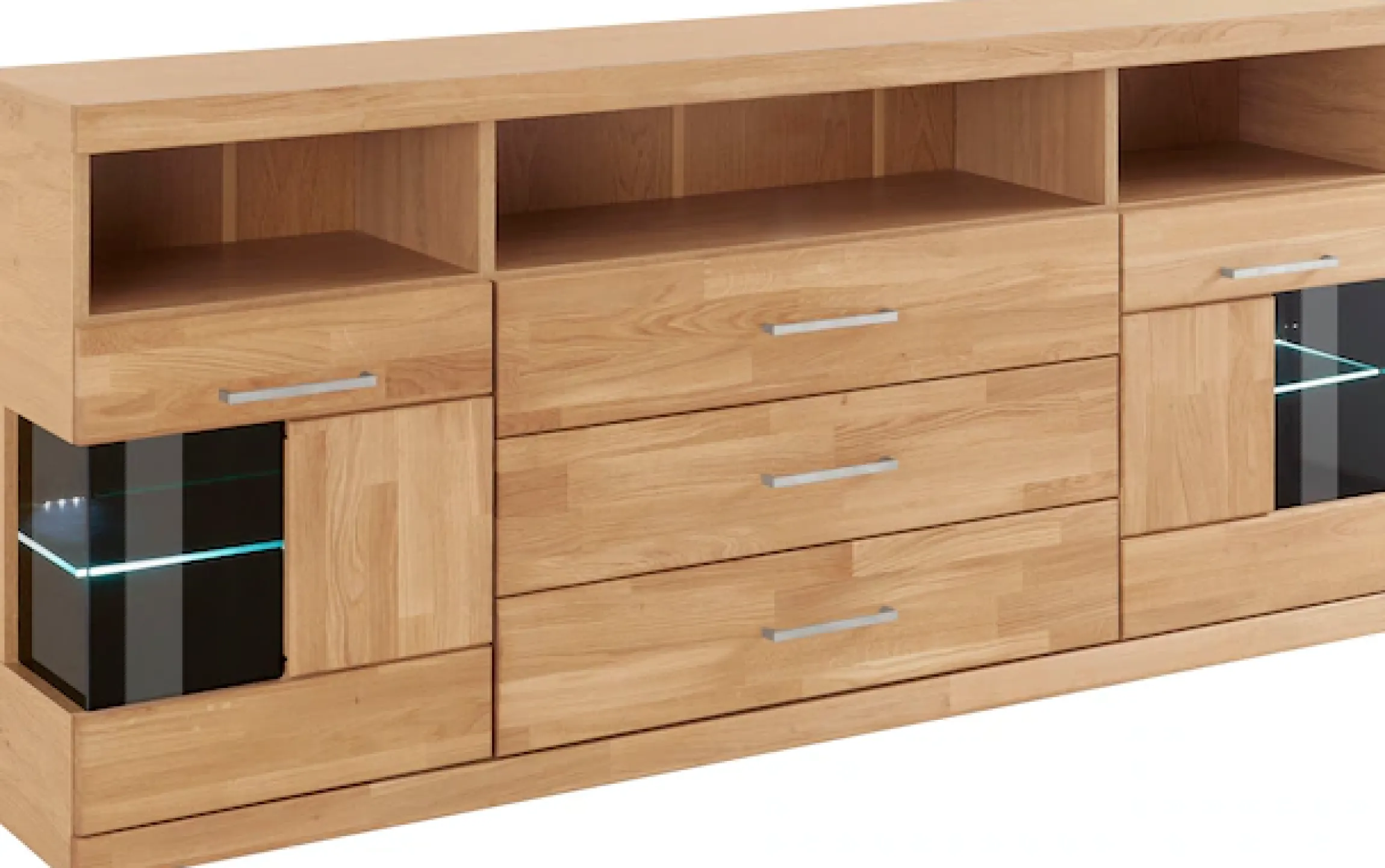 OTTO home Sideboard »Ribe,180cm breit, Fronten Massivholz,7 Fächer,Böden versetzbar« Korpus Holzwerkstoff,Türen mit Glaseinsatz,3 breite Schubladen