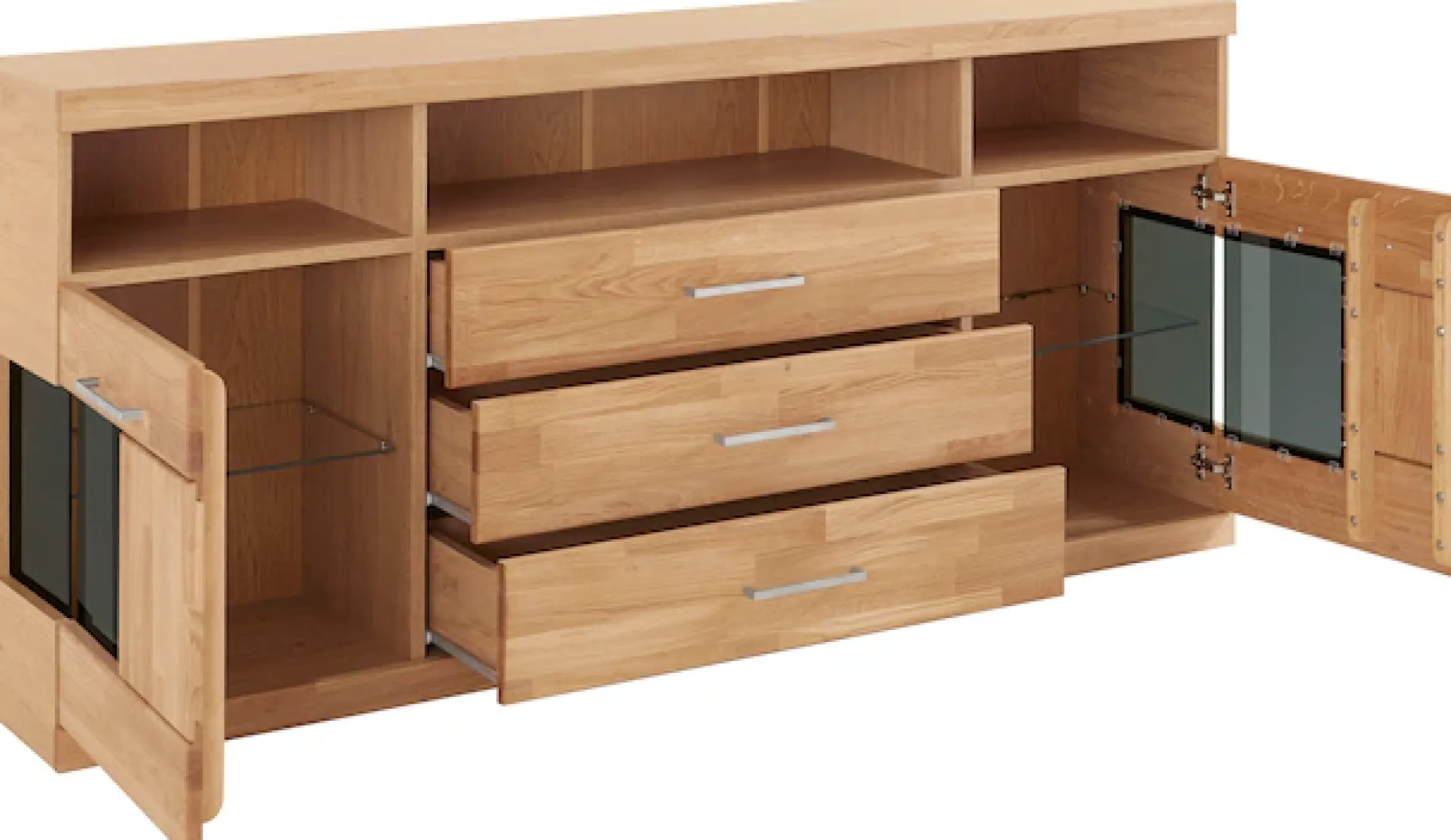 OTTO home Sideboard »Ribe,180cm breit, Fronten Massivholz,7 Fächer,Böden versetzbar« Korpus Holzwerkstoff,Türen mit Glaseinsatz,3 breite Schubladen