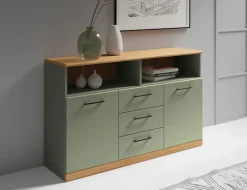 OTTO home Sideboard »Ribe,130cm breit,80cm hoch,Türen und Schubladen,6 Fächer« Oberplatte Eiche massiv,schwarze Metall Griffe